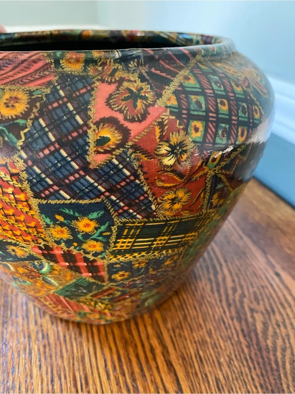Vintage Multicolor Patchwork Floral Design Vase Colorful Boho Folk Art Vase - Picture 11 of 17